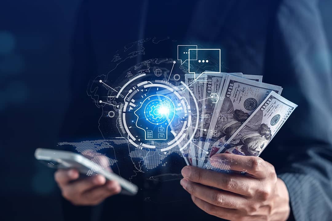 Conceptual image of a businessman using AI technology to generate more income.